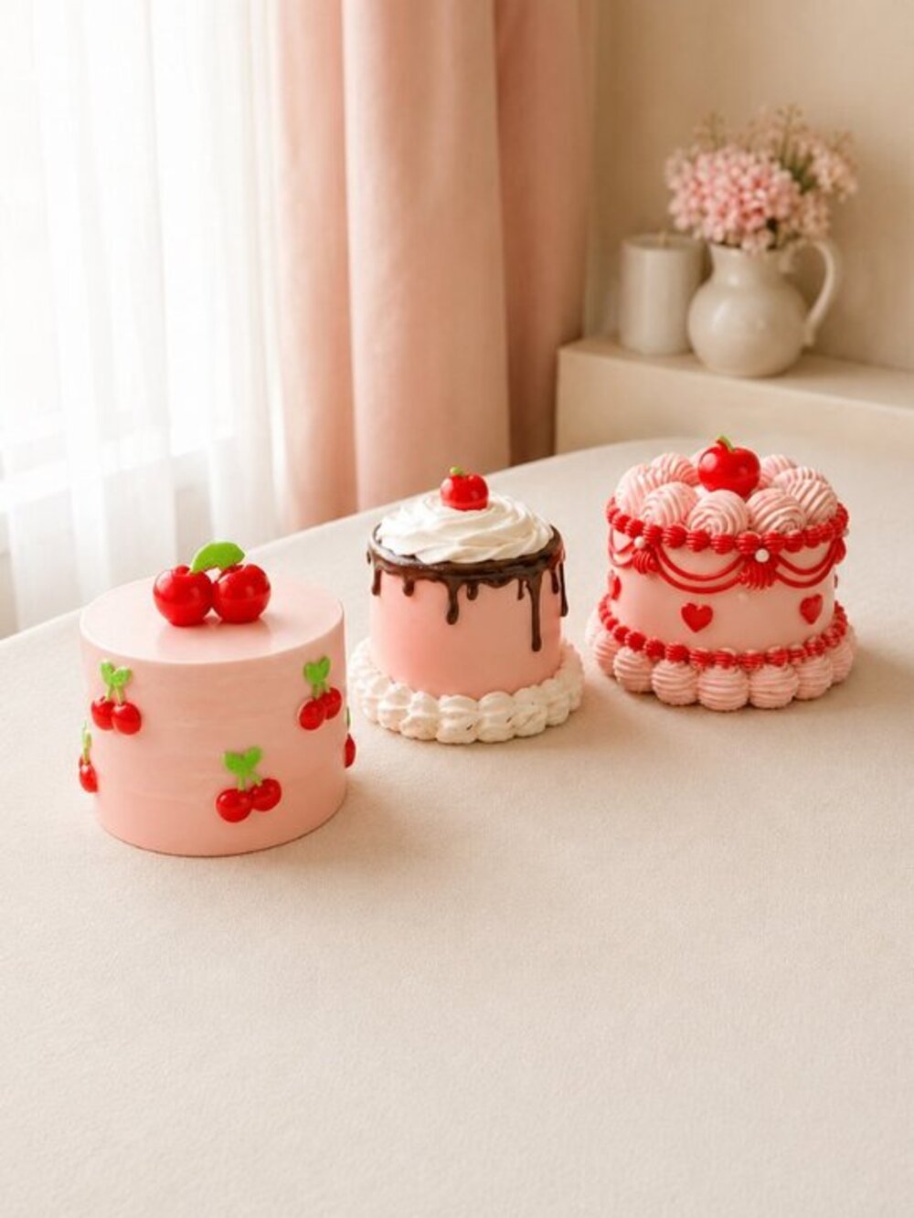 Pink Resin Cupcake Figurines Set of 3 Cherry Heart Faux Cake Decor NIB